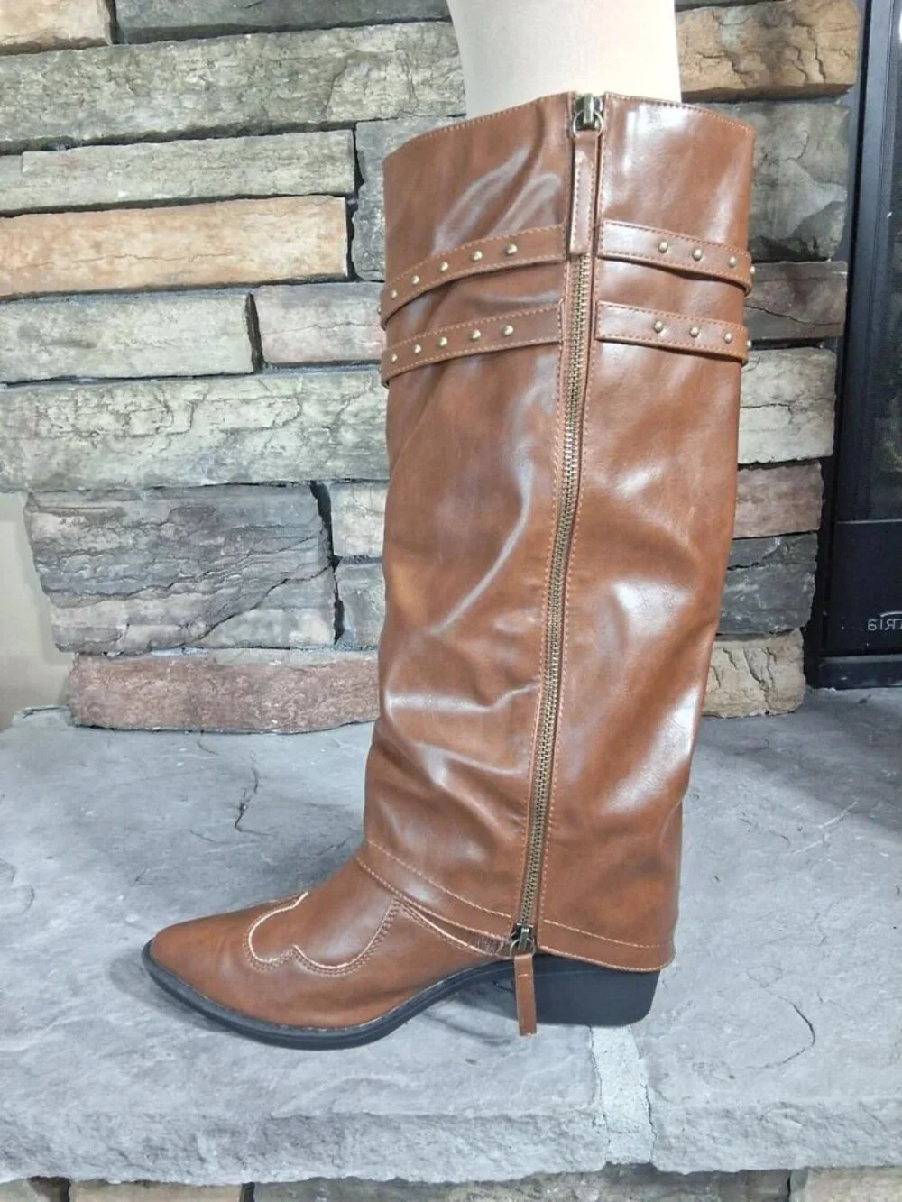 Women's Brown pu Manmade Knee High Fold Over Studded Chunky Heel Shark Boots